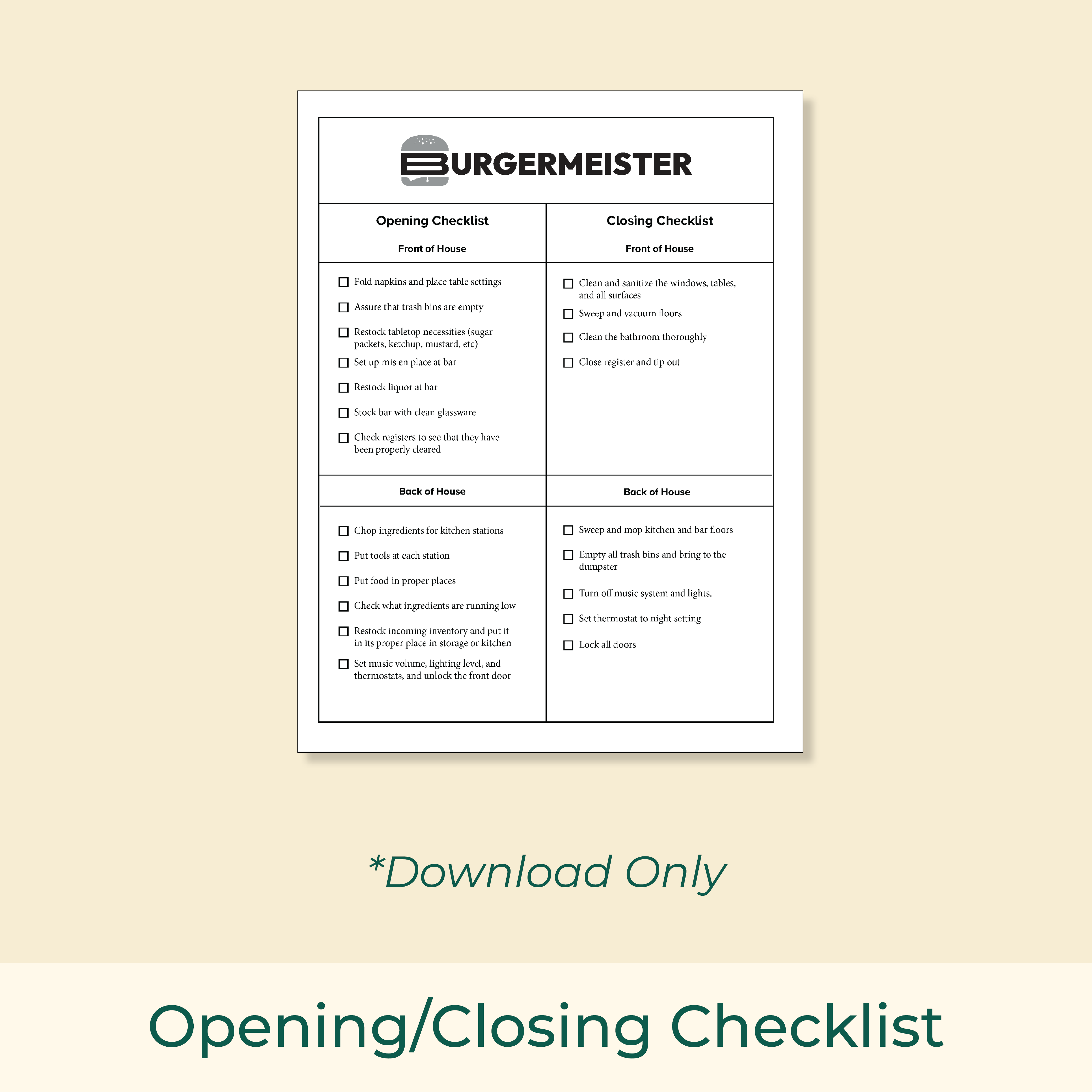 Opening/Closing Checklist