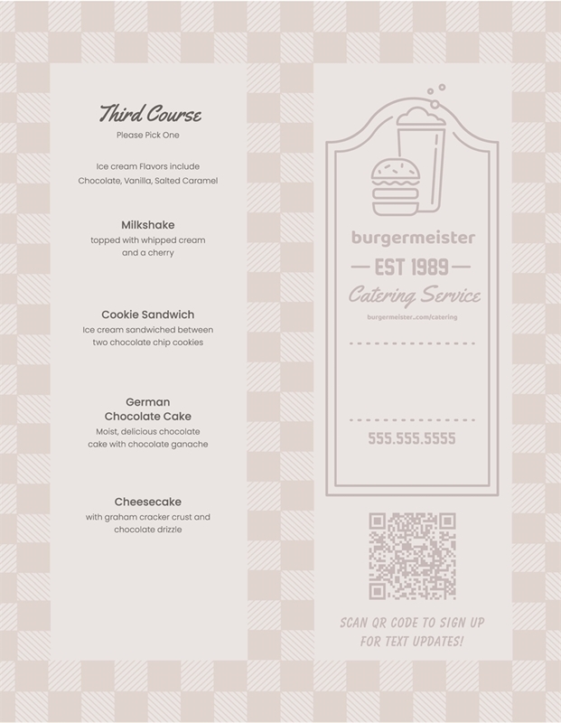 Show details for Catering Menu - Folded or Unfolded options offered.