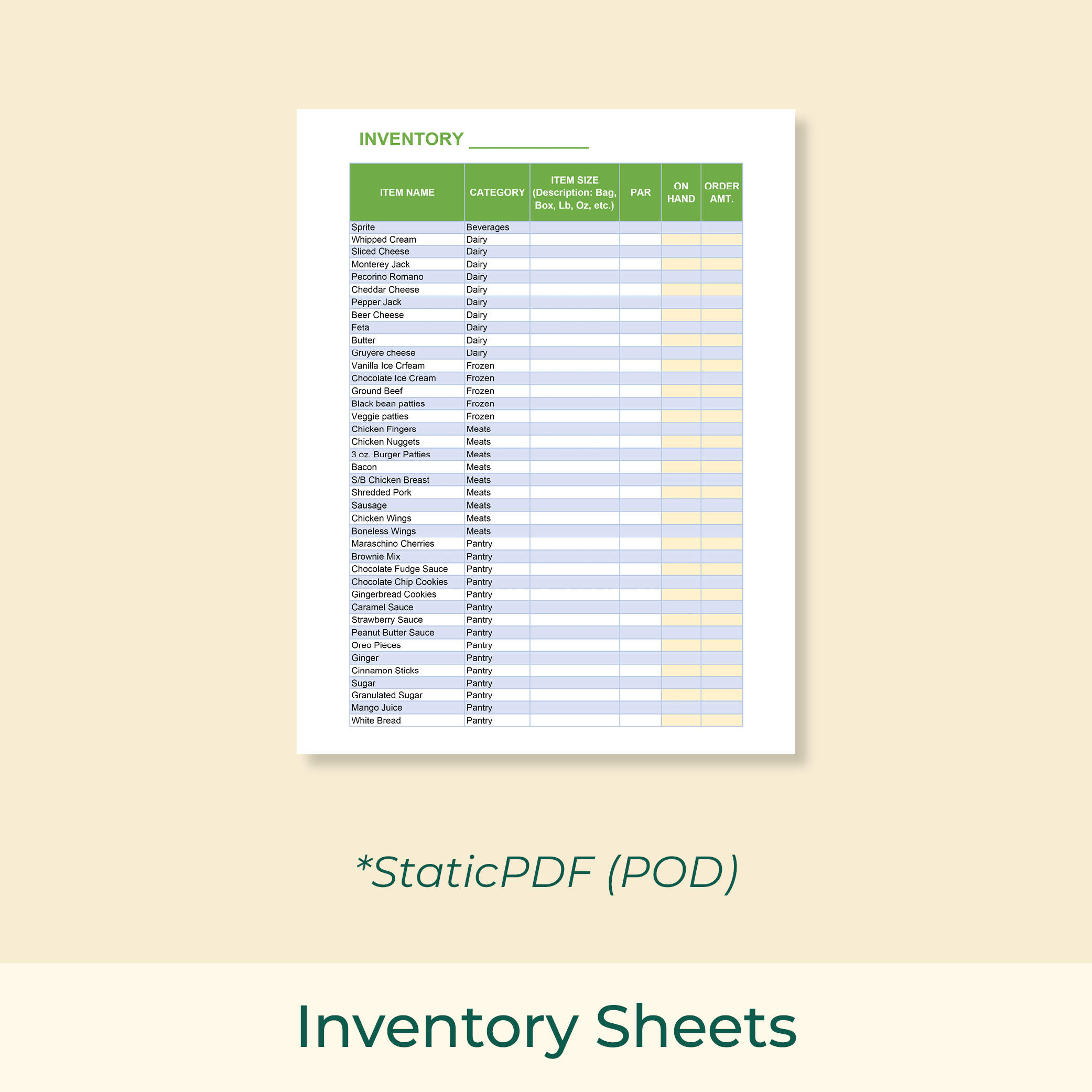 Inventory Sheets